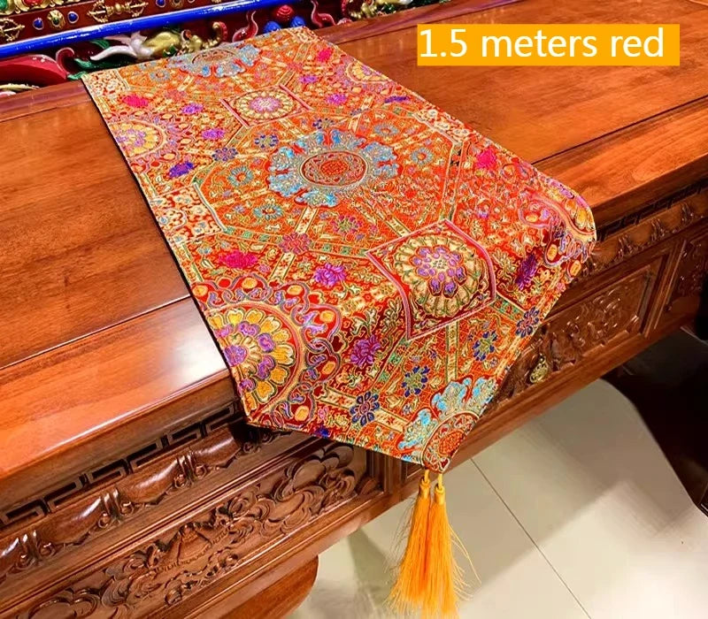 1.5m*35cm/2m*35cm Tibetan Style Satin Fabric Table Flag/Retro Rich Lotus PatternClassical Coffee Table Cloth Buddhist Decoration