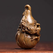 2.7" Green Sandalwood Netsuke – Hand-Carved Baby Dragon on Gourd
