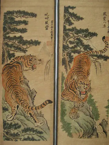 Chinese Calligraphy & Four Tigers Scroll – Hand-Painted Wall Hanging