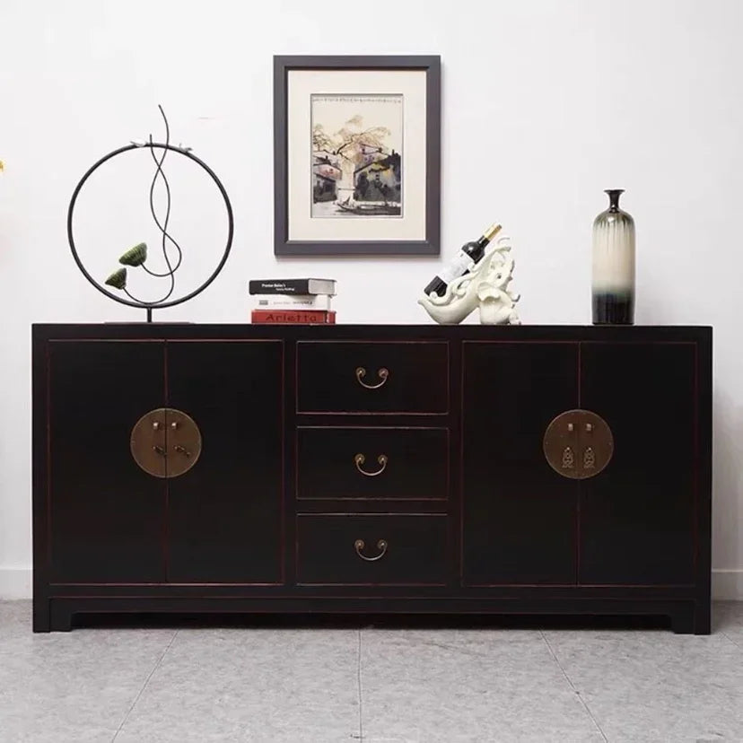 Chinese Solid Wood Gold Sideboard – Ming & Qing Inspired 4‑Door Foyer & Dining Cabinet