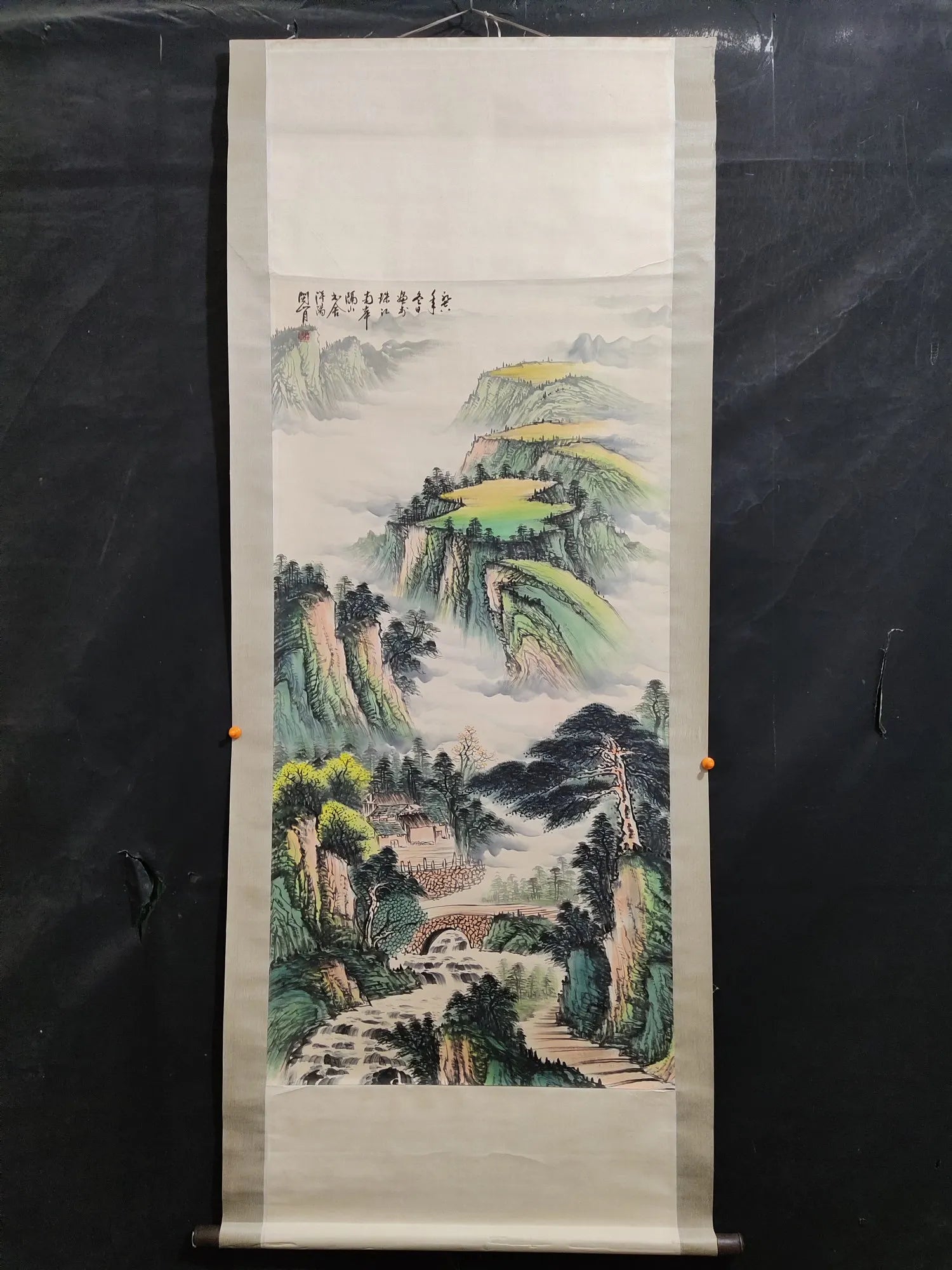 Chinese Landscape Scroll with Calligraphy – Mountains & Waters, Attributed to Guan Shanyue