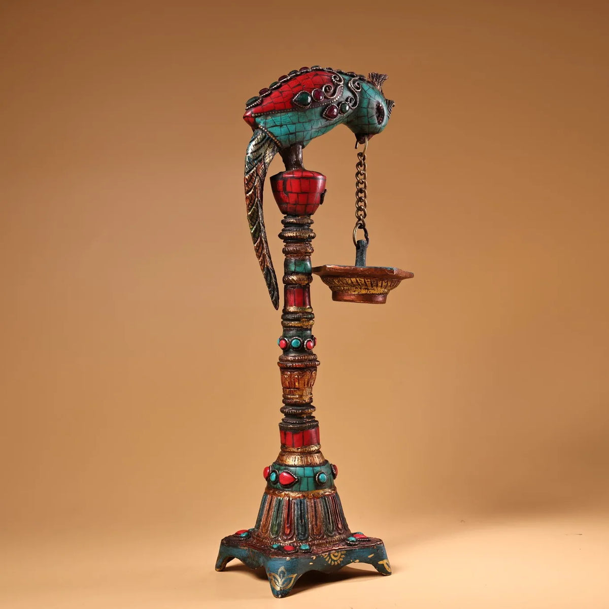 13" Tibetan Temple Bronze Outline in Gold Mosaic Gem Turquoise Buddha Bird Statue Hanging Oil Lamp Lotus Candlestick