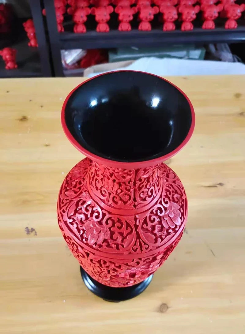 12" Exquisite Chinese Red Lacquerware Vase – Auspicious Floral Design