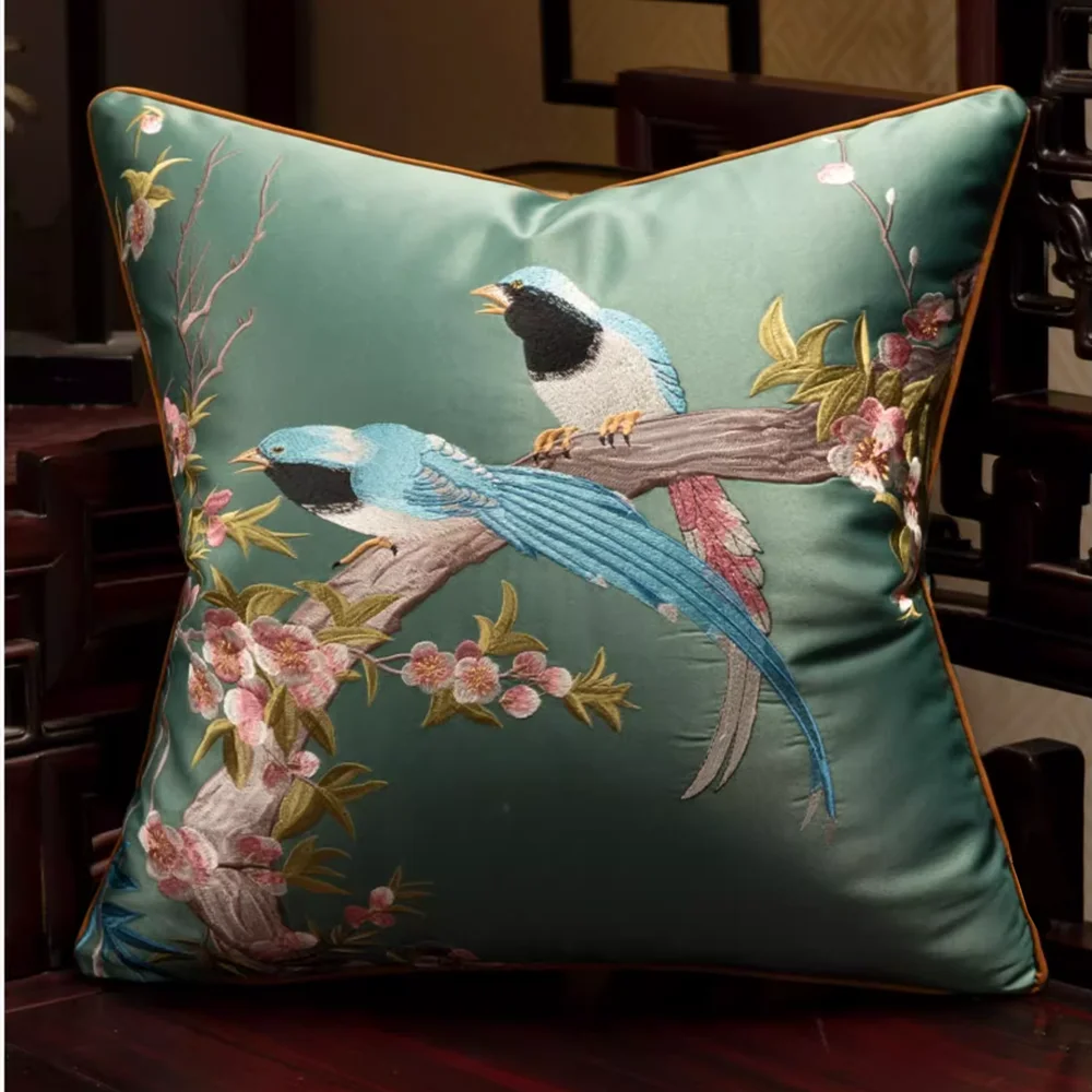 Embroidered Magpies Silk‑Like Pillowcase – Asian Home Decor 18" × 18"