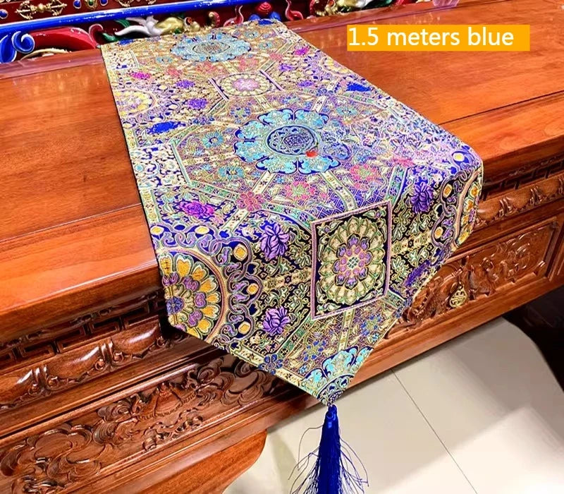 1.5m*35cm/2m*35cm Tibetan Style Satin Fabric Table Flag/Retro Rich Lotus PatternClassical Coffee Table Cloth Buddhist Decoration