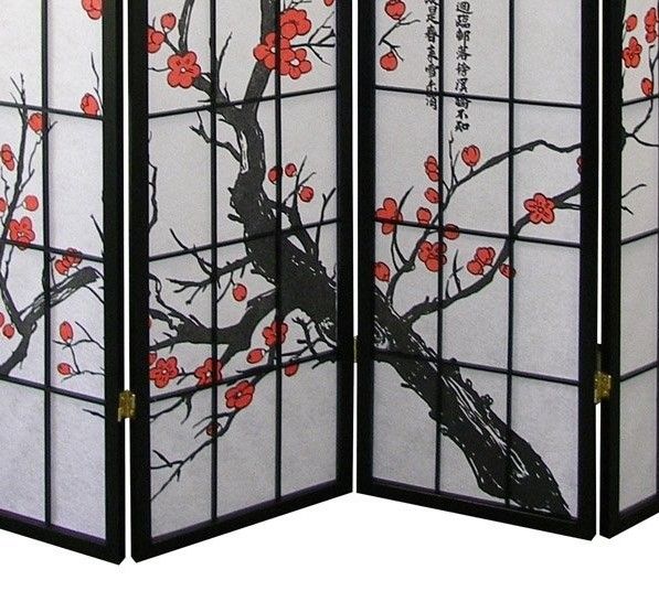 Elegant Plum Blossom Black 4-Panel Japanese Room Divider