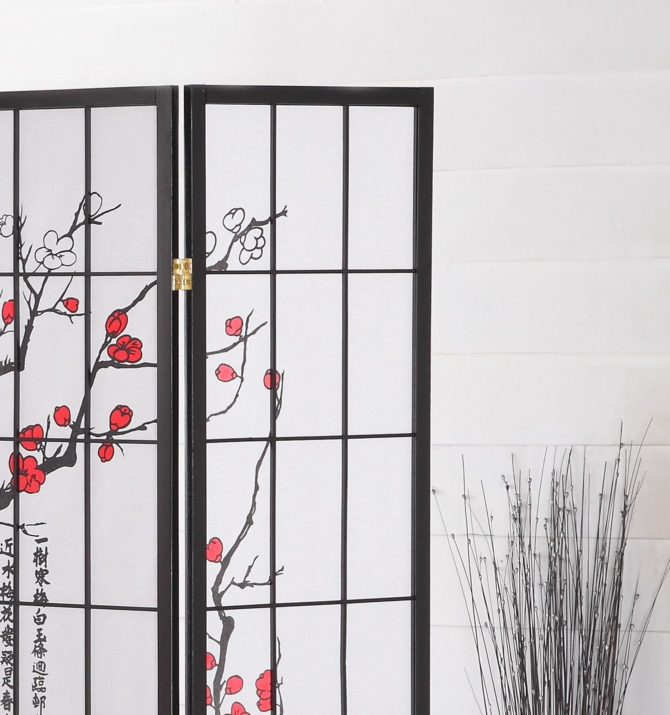 Elegant Plum Blossom Black 4-Panel Japanese Room Divider