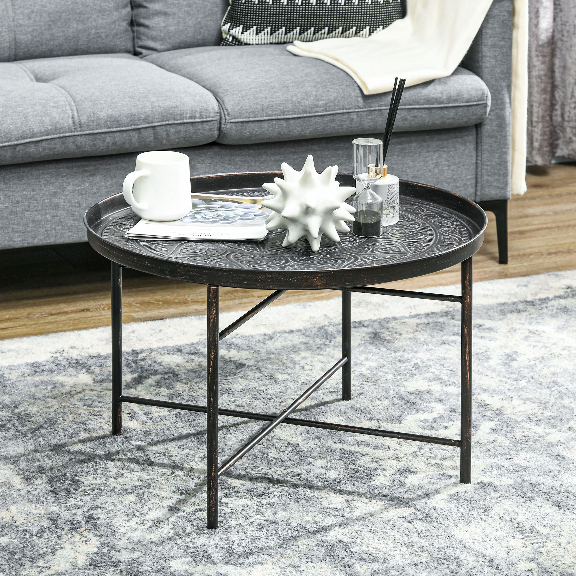 Modern Hammered Tray Top Coffee Table - 24" Round with Sturdy Metal Frame for Stylish Interiors