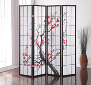 Elegant Plum Blossom Black 4-Panel Japanese Room Divider