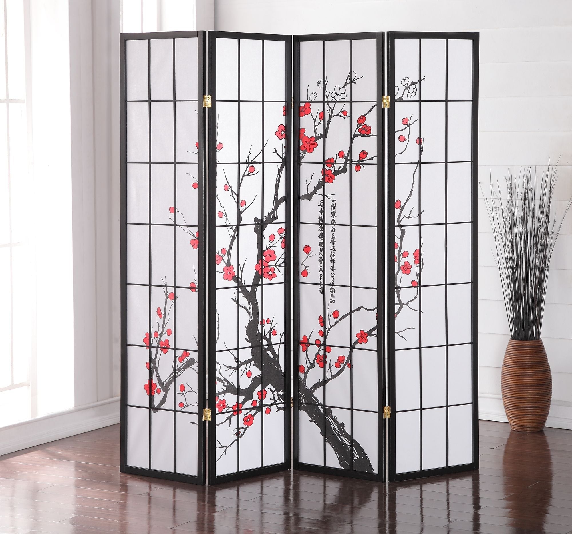 Elegant Plum Blossom Black 4-Panel Japanese Room Divider
