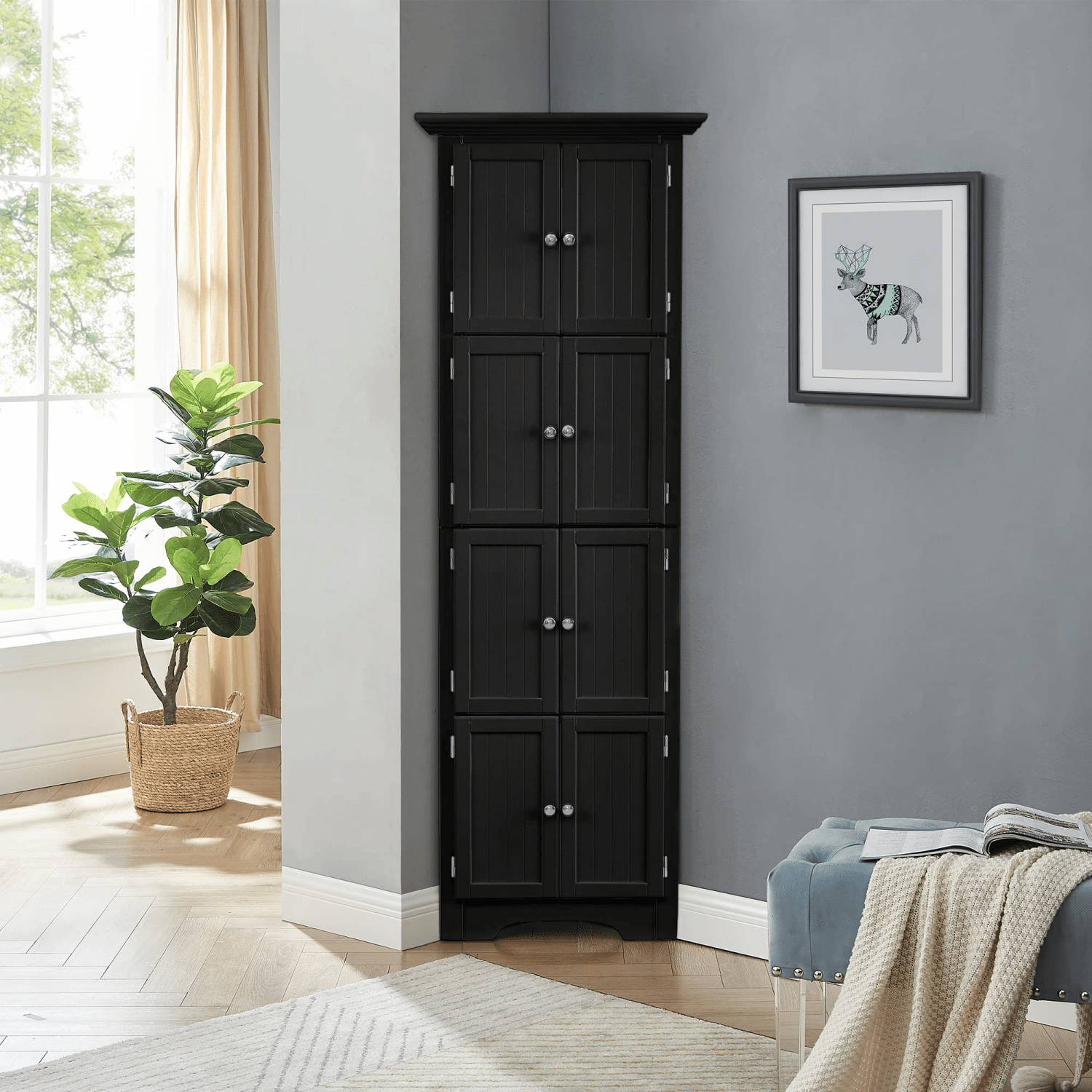 Tall Cabinet with Doors and 4 Shelves for Living Room, Kitchen, Office, Bedroom, Bathroom, Modern, Black