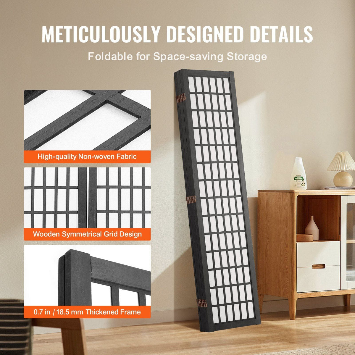 Black 6-Panel Japanese Folding Room Divider & Privacy Screen for Homes & Offices