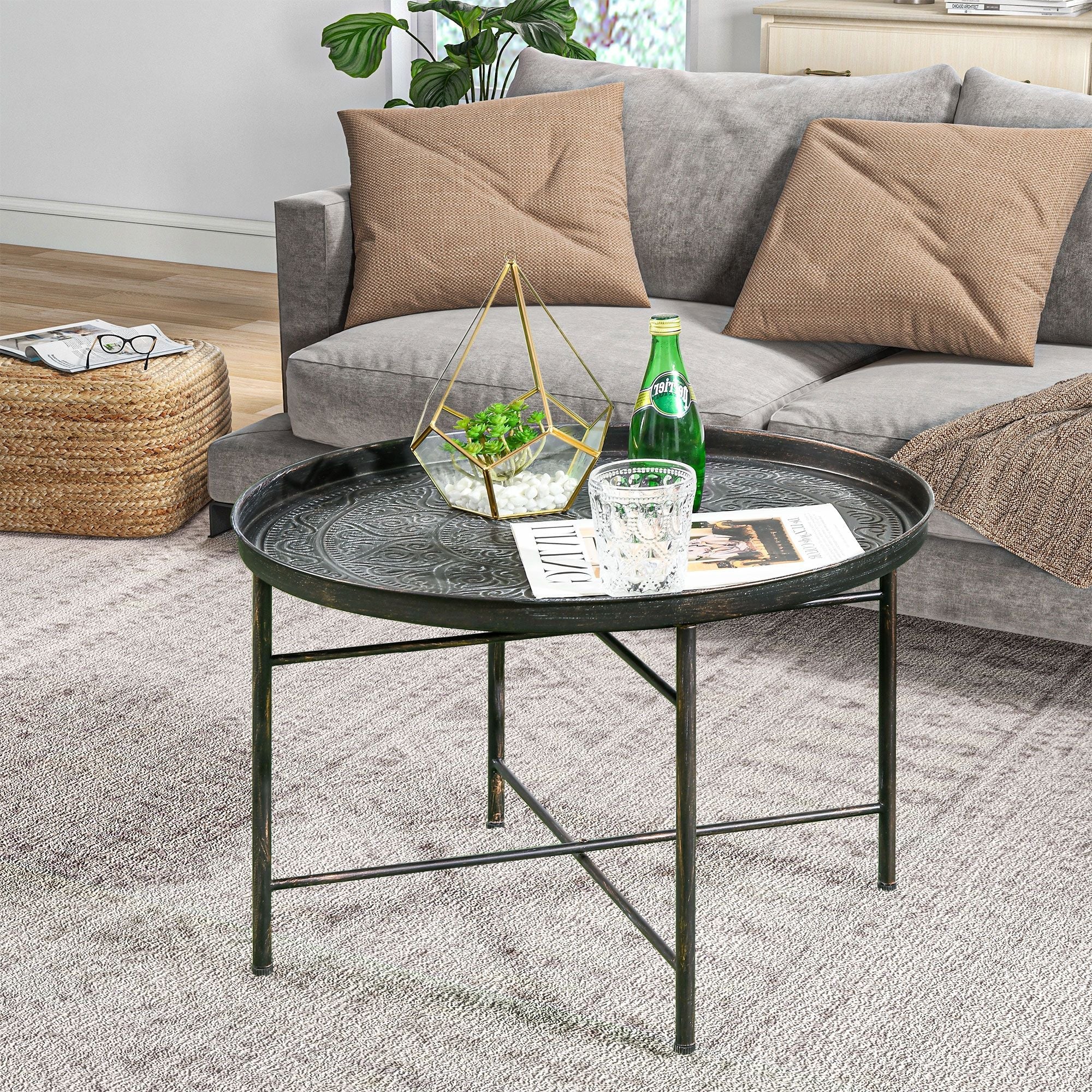 Modern Hammered Tray Top Coffee Table - 24" Round with Sturdy Metal Frame for Stylish Interiors