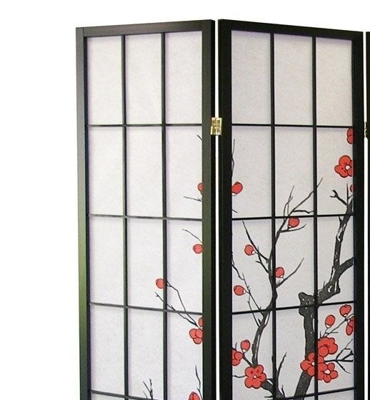 Elegant Plum Blossom Black 4-Panel Japanese Room Divider