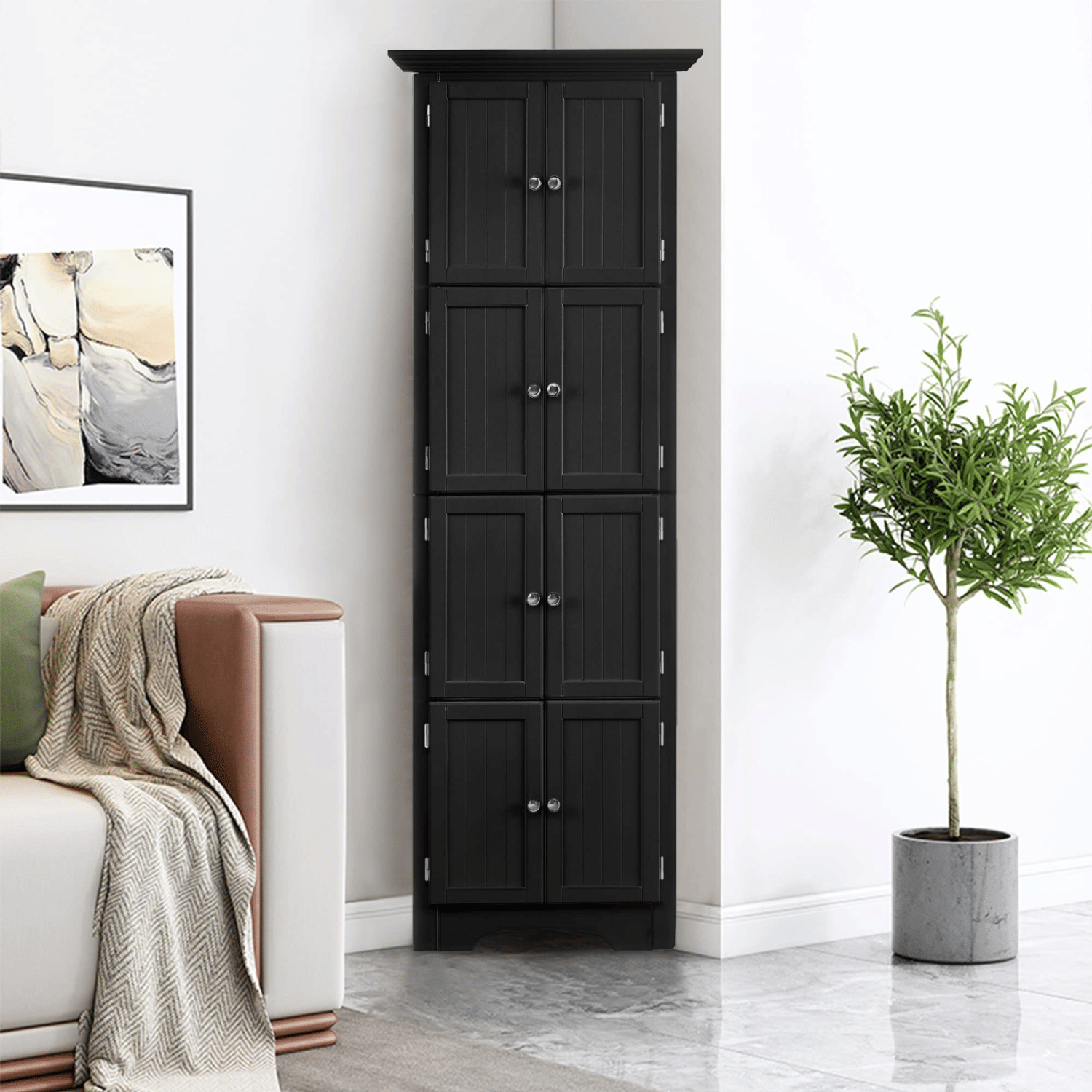 Tall Cabinet with Doors and 4 Shelves for Living Room, Kitchen, Office, Bedroom, Bathroom, Modern, Black