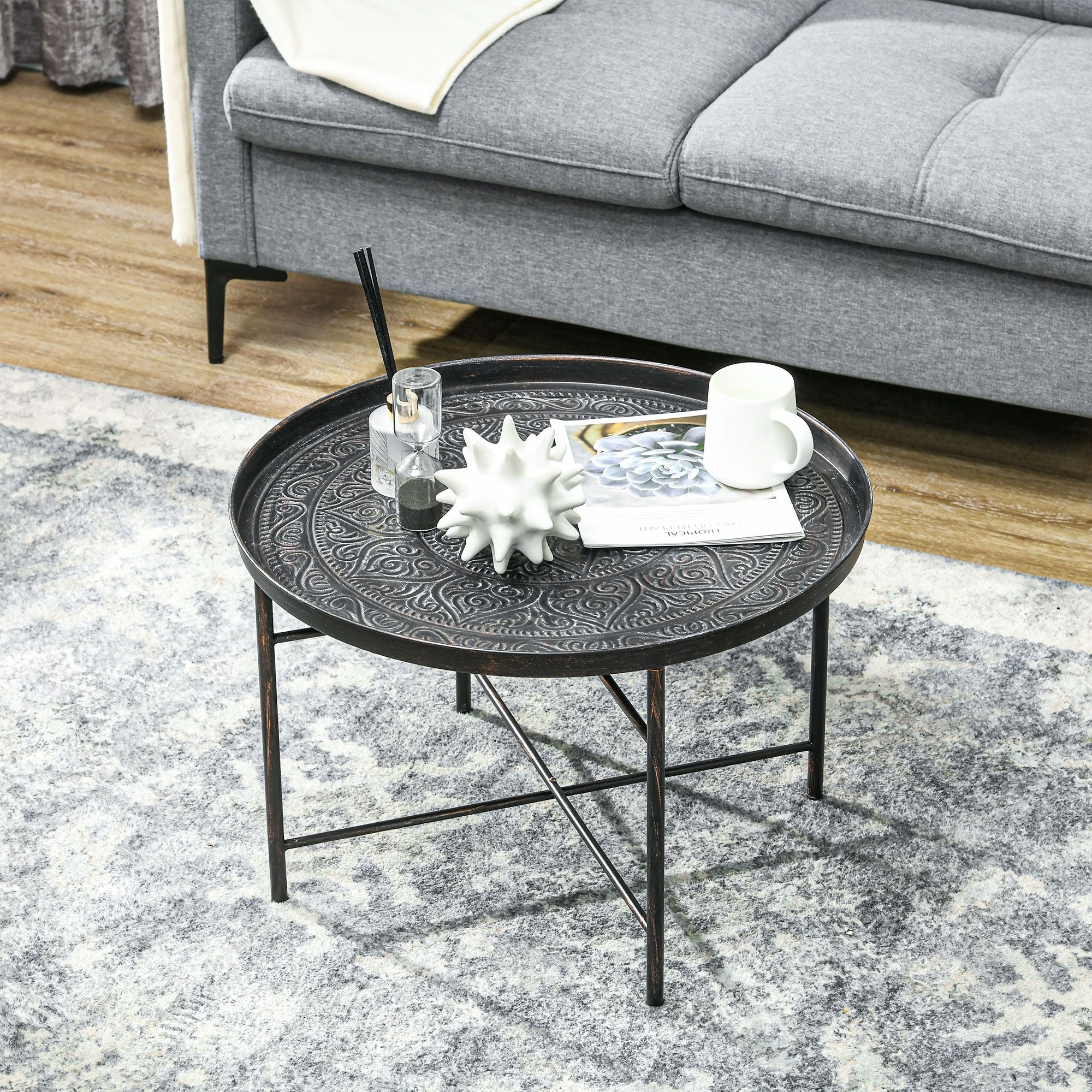 Modern Hammered Tray Top Coffee Table - 24" Round with Sturdy Metal Frame for Stylish Interiors