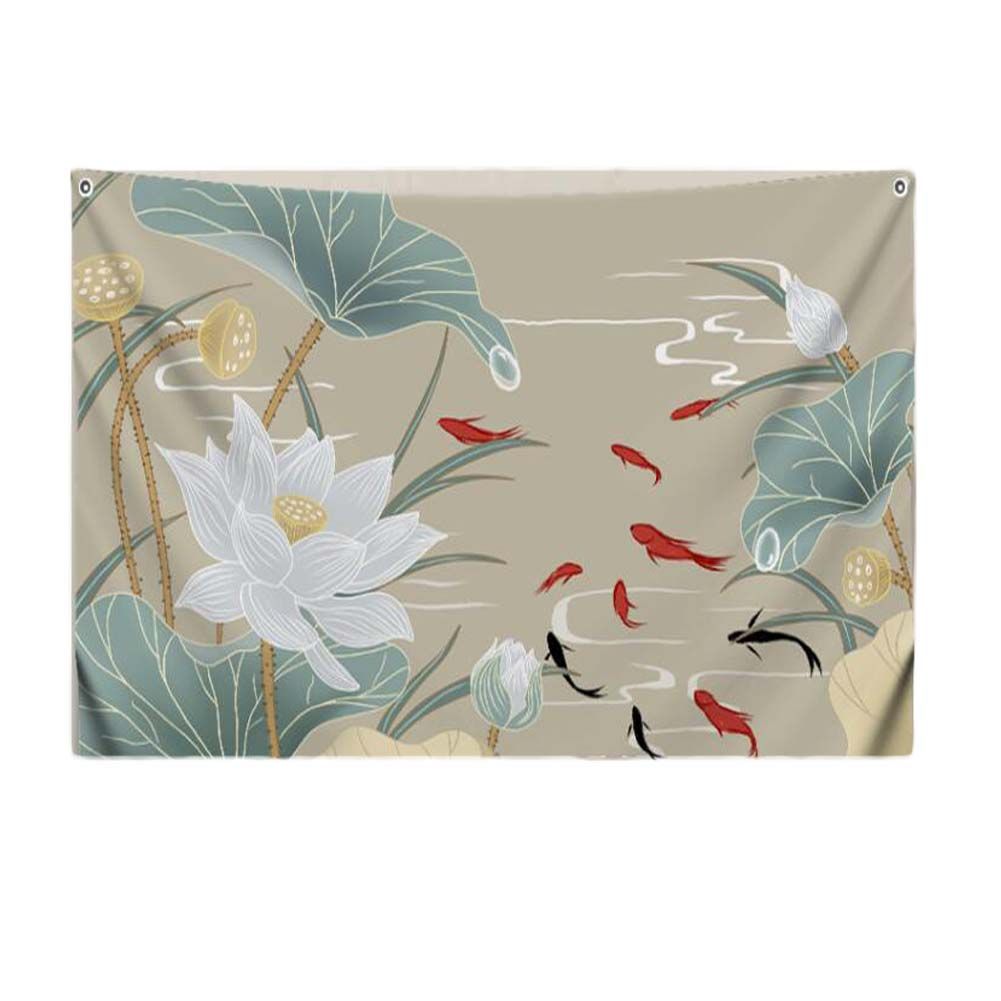 Chinese Lotus Carp Wall Art Tapestry - 39x51 Inch Living Room & Bedroom Decor
