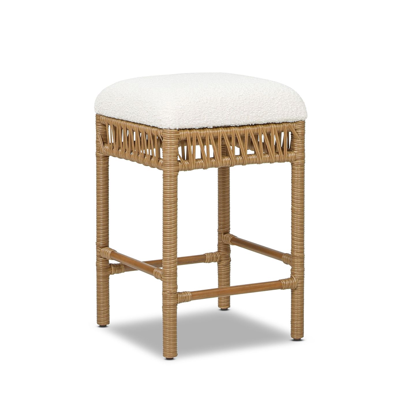 Lucia 25.5" Backless Upholstered Counter Stool with Resin Rattan Frame, Ivory White Boucle