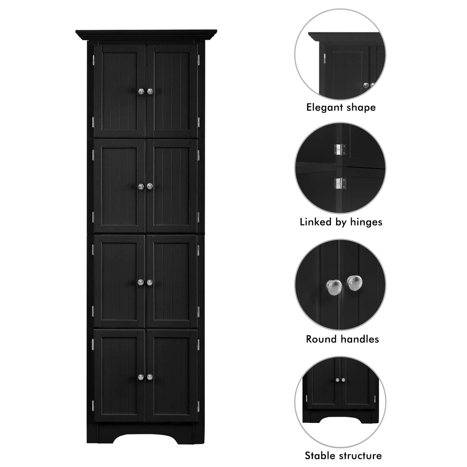 Tall Cabinet with Doors and 4 Shelves for Living Room, Kitchen, Office, Bedroom, Bathroom, Modern, Black