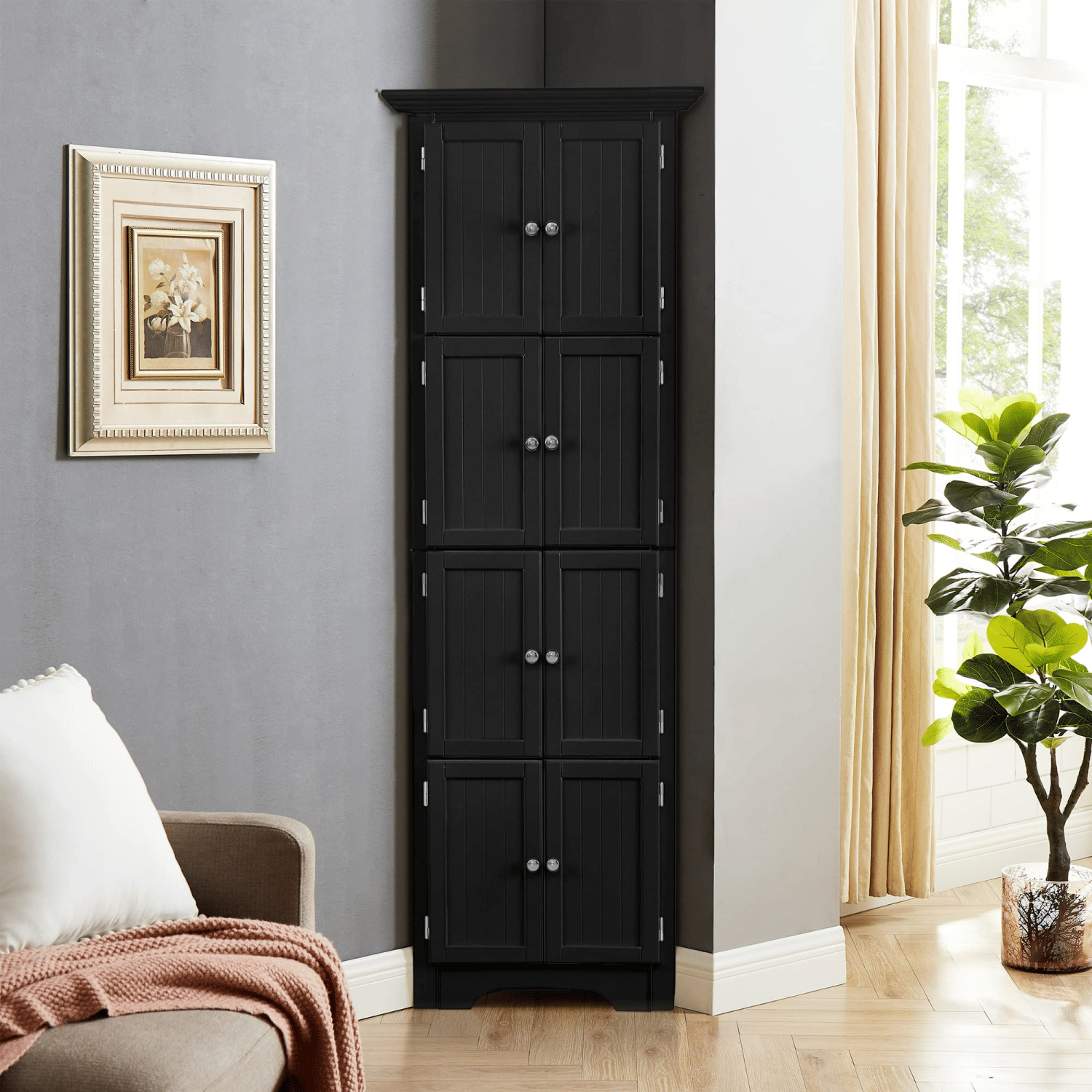 Tall Cabinet with Doors and 4 Shelves for Living Room, Kitchen, Office, Bedroom, Bathroom, Modern, Black