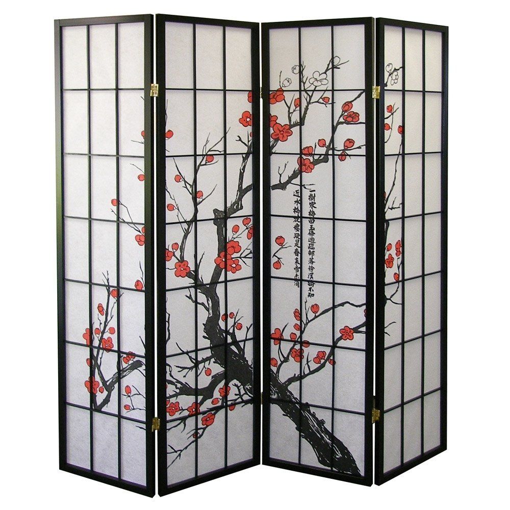 Elegant Plum Blossom Black 4-Panel Japanese Room Divider