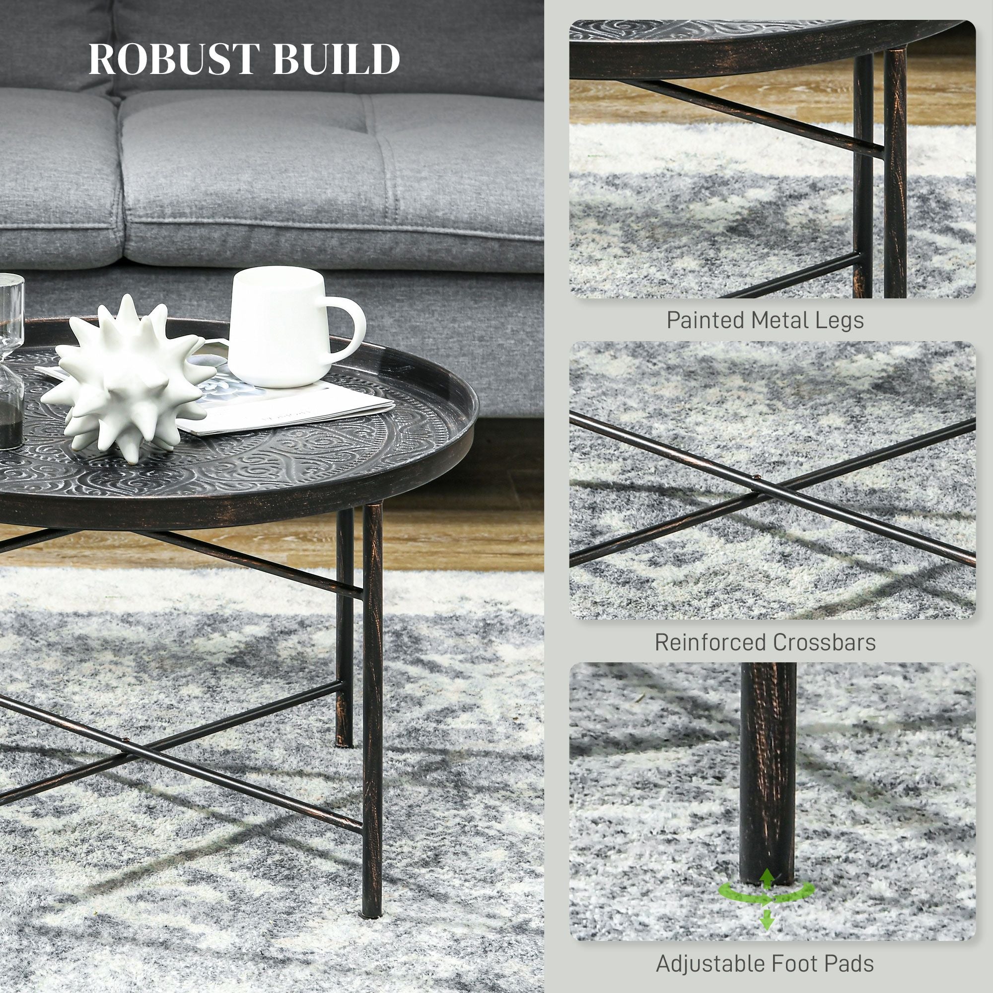 Modern Hammered Tray Top Coffee Table - 24" Round with Sturdy Metal Frame for Stylish Interiors