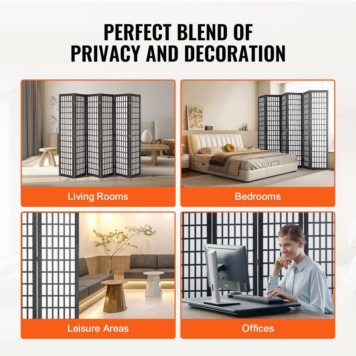 Black 6-Panel Japanese Folding Room Divider & Privacy Screen for Homes & Offices