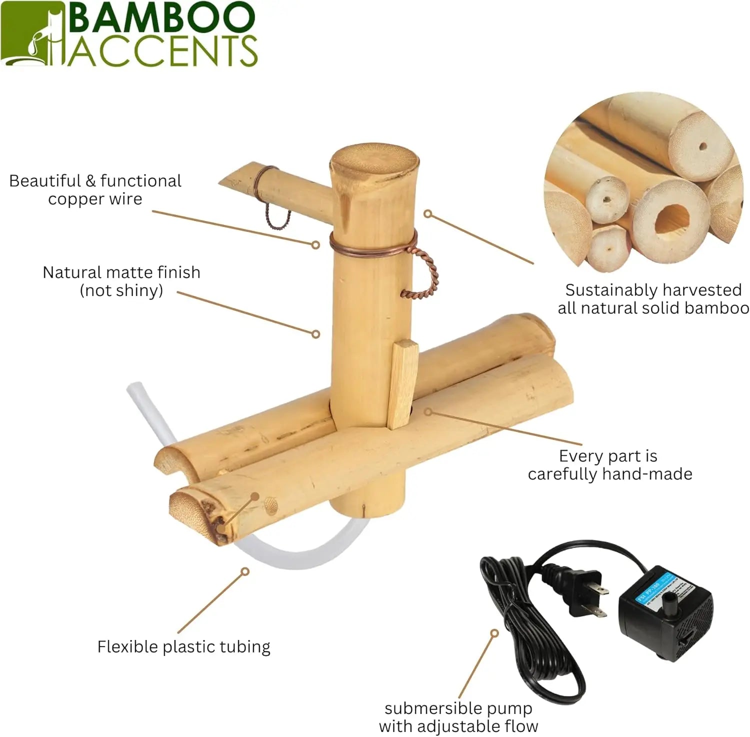 Adjustable Bamboo Zen Fountain Kit – Indoor/Outdoor Water Feature with Pump