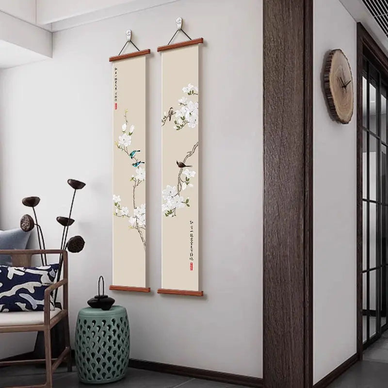 Chinese Style Wall Art, Magnolia Flower Bird Vertical Scroll Painting for Entryway Hallway – Narrow Long Posteration