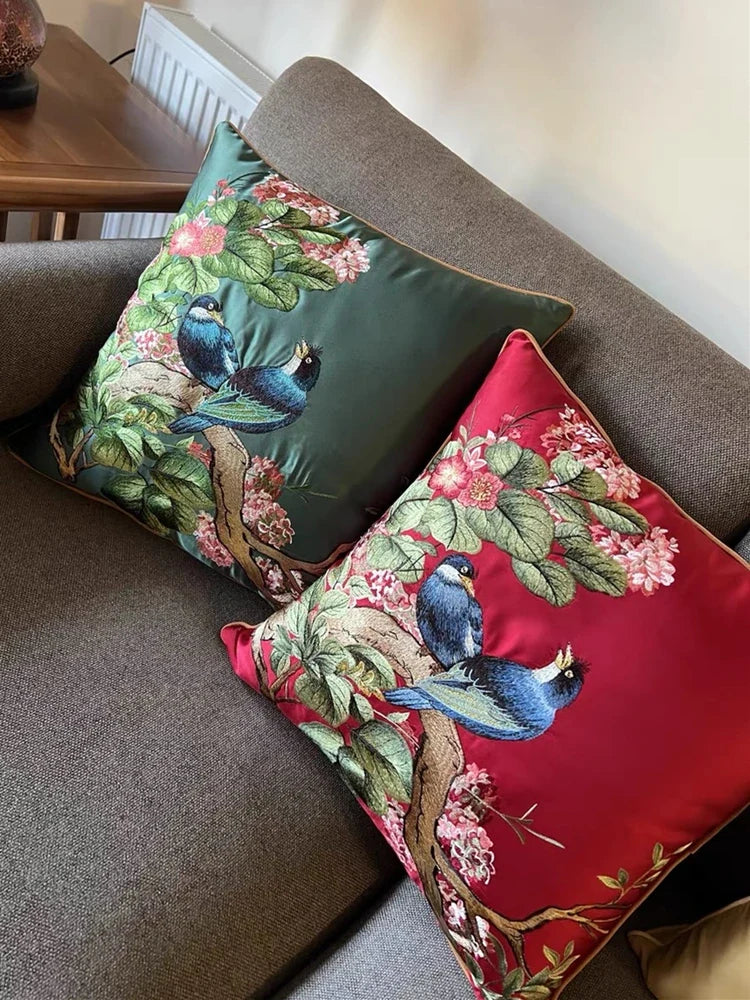 Embroidered Magpies Silk‑Like Pillowcase – Asian Home Decor 18" × 18"
