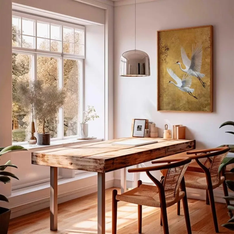 Japanese Elegant Crane Birds Nature Poster Flying Cranes in Gold and White Canvas Painting Asian Wall Art Living Room Home Decor