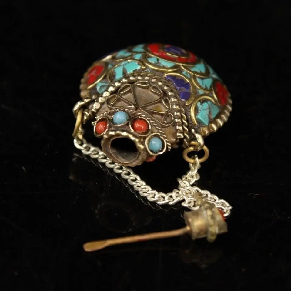 Antique Tibetan Solid Copper Snuff Bottle, Fully Handcrafted Inlaid with Gemstones