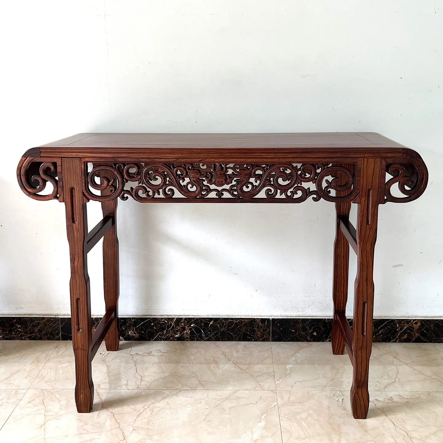 Chinoiserie Solid Wood Guqin Table – Scroll-Head Altar & Console Table