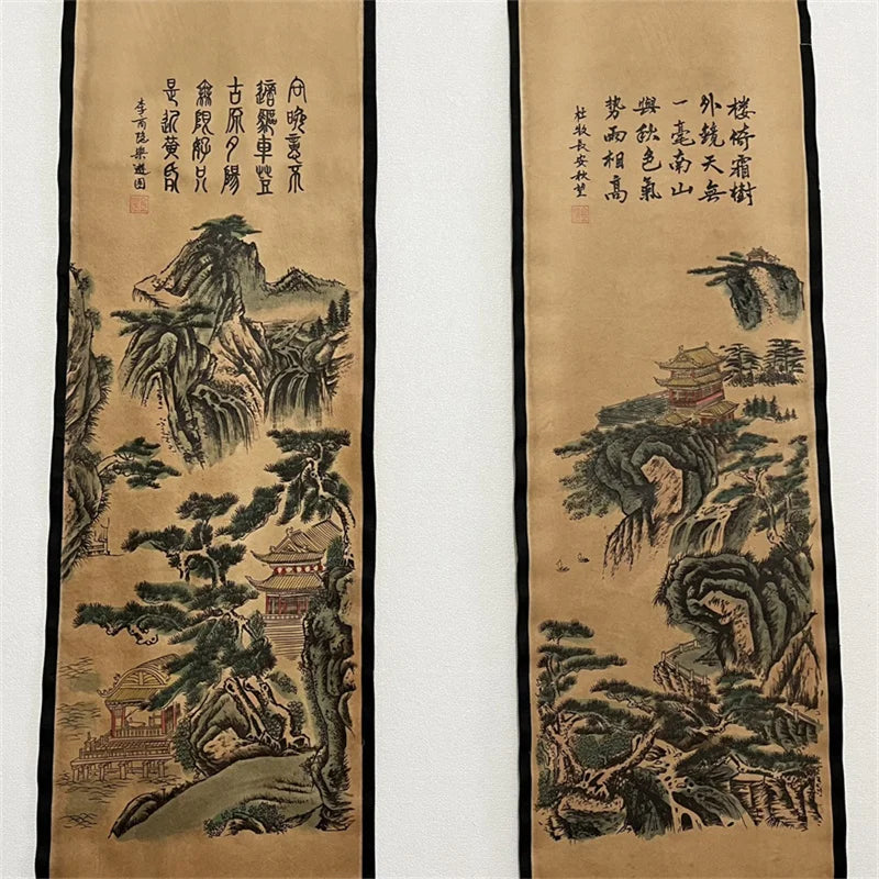 Chinese Ancient Paper Calligraphy Paintings Scrolls Famous Murals Wangyun Attic Pavilion Four Pairs of Artwork Decorations