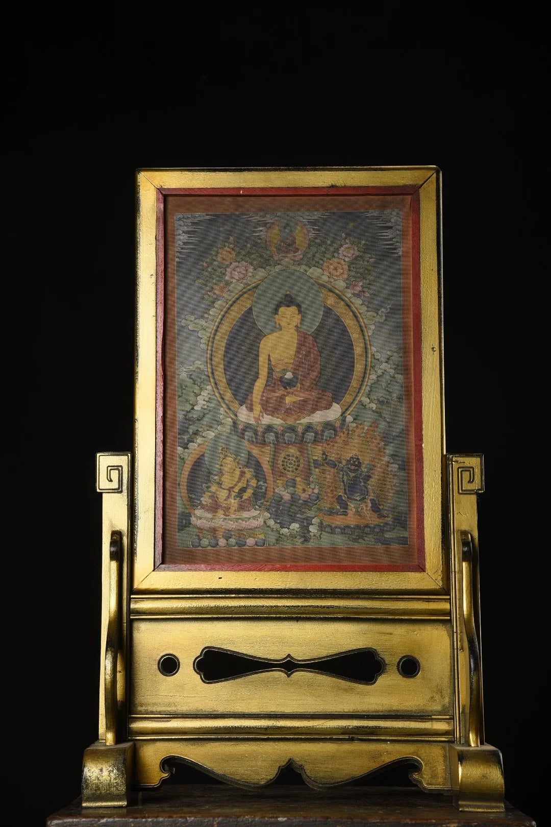 25" Xizang Vintage Lacquerware Gilded True Gold Painted Shakyamuni Two-sided Thangka Screen Insertion