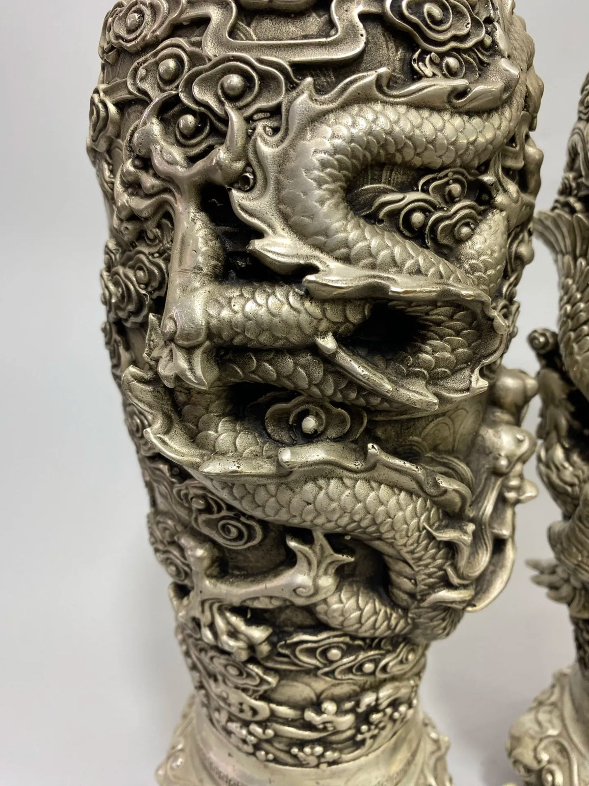 Tibetan Temple Vintage Bronze Pixiu Ear Vase – Gilded Silver Dragon & Phoenix (15")