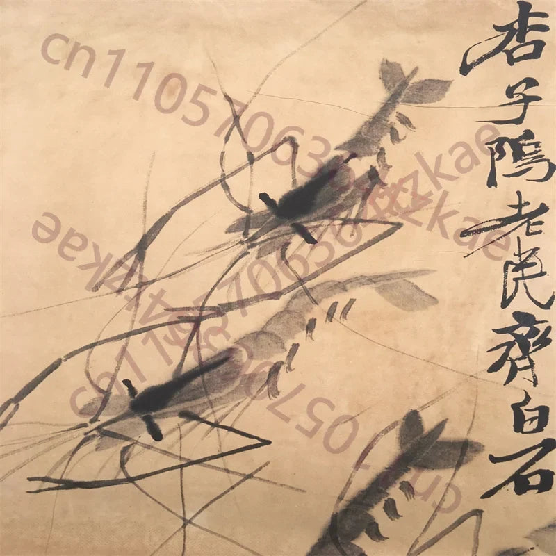 Qi Baishi Style “Eight Shrimp” Rice Paper Scroll Wall Decor