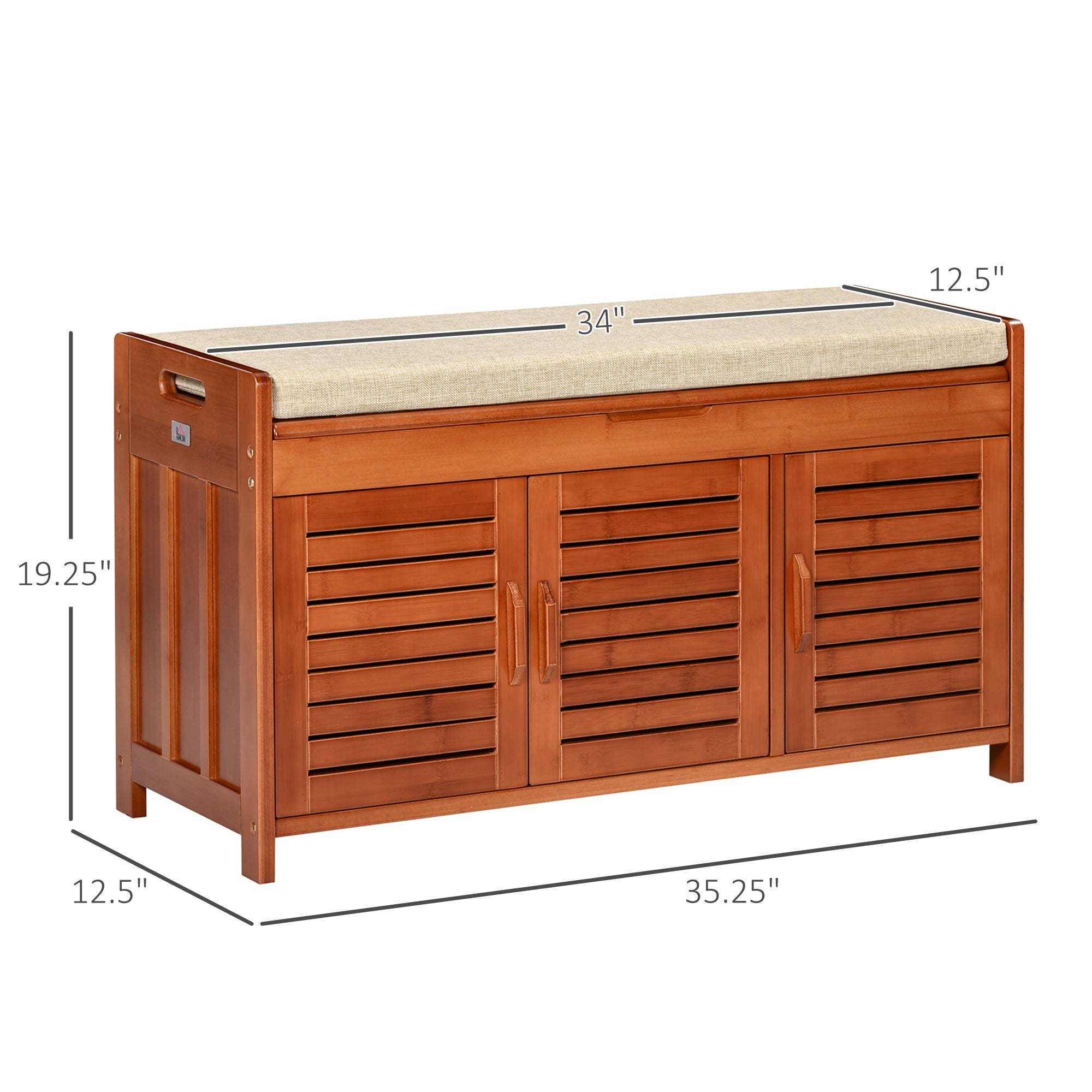 Shoe Bench with Cabinets, Bamboo Entryway Bench with Seating Cushion, 3 Doors and Hidden Compartment for Hallway, Dark Cherry