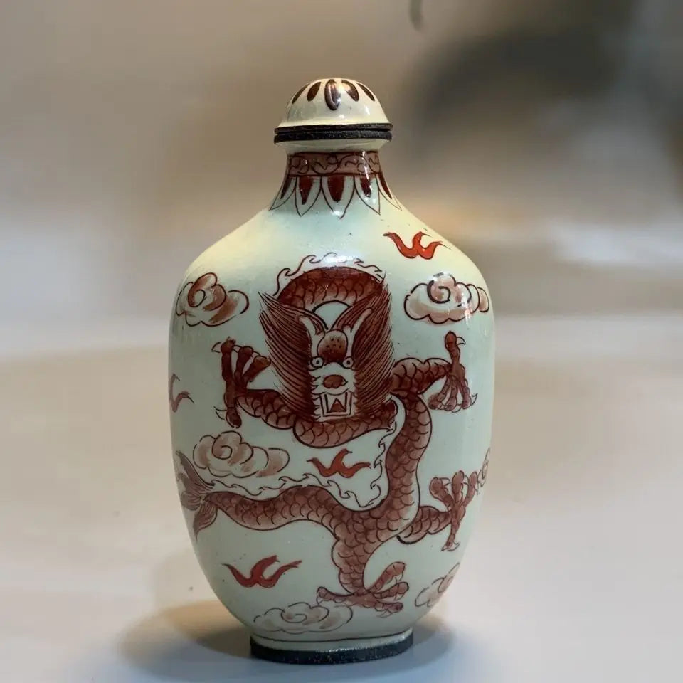 Early Collectible Snuff Bottle, Red Copper Body Enamel Double Dragon Design, Exquisite Craftsmanship,Cultural Hand Play Ornament