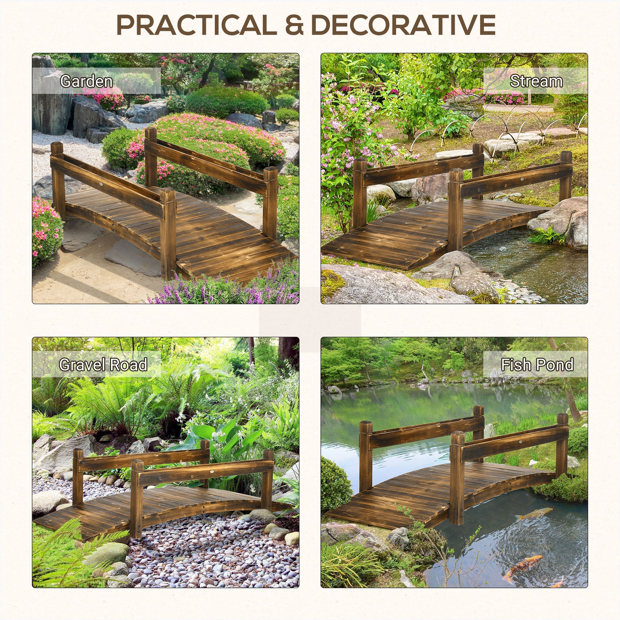 7.5 Wooden Garden Bridge with Planters, Stained Finish Arc Footbridge with Safety Railings for Backyard, Pond Stream, Stained Wood