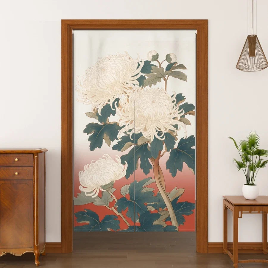 Japanese Ukiyo-e Floral Noren Door Curtain – Linen Blend Room Divider