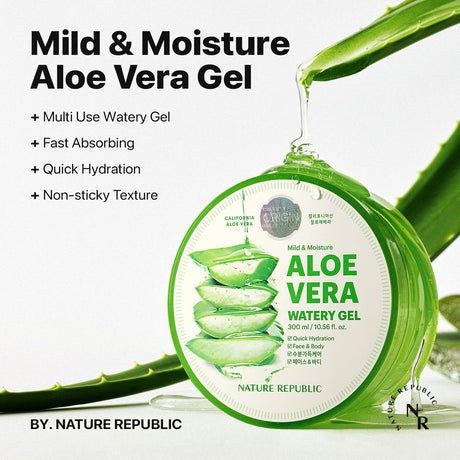 MILD & MOISTURE ALOE VERA WATERY GEL (1 PCS) Quick Hydration & Moisturizing,Fast Absorbing Non-Sticky Texture,Korean Skin Care for Face,Hair,Sunburn Relief, Aftershave, All Skin Types