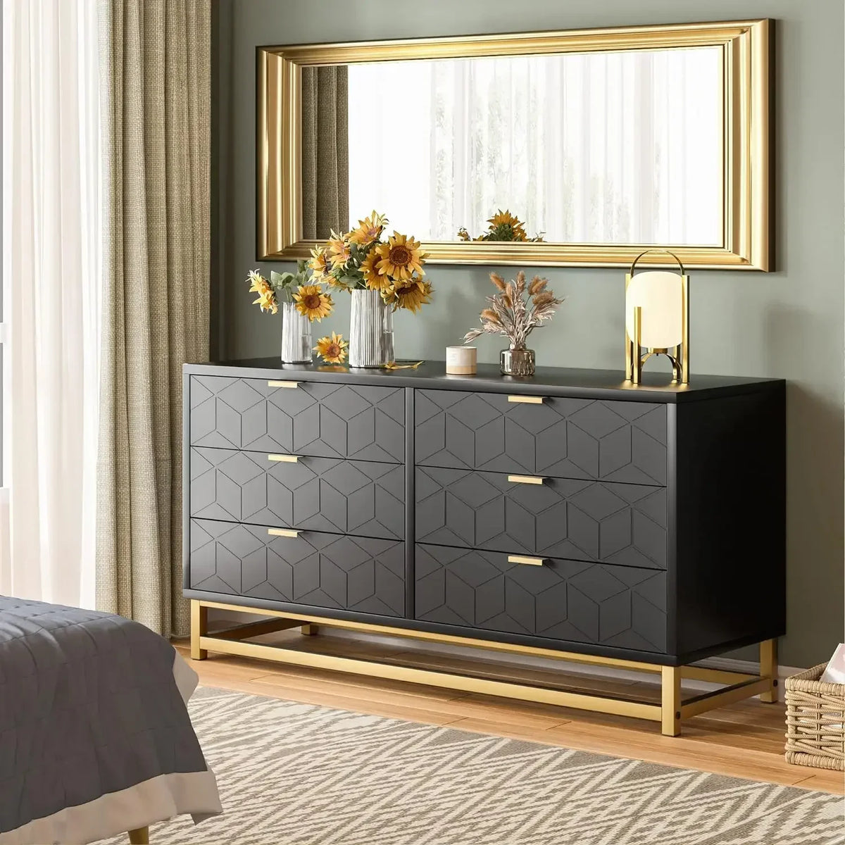 y Black 6 Drawer Dresser for Bedroom, Wood Chest of Drawers with Metal Legs, Modern Storage Dresser Chest Cabinet Organizer