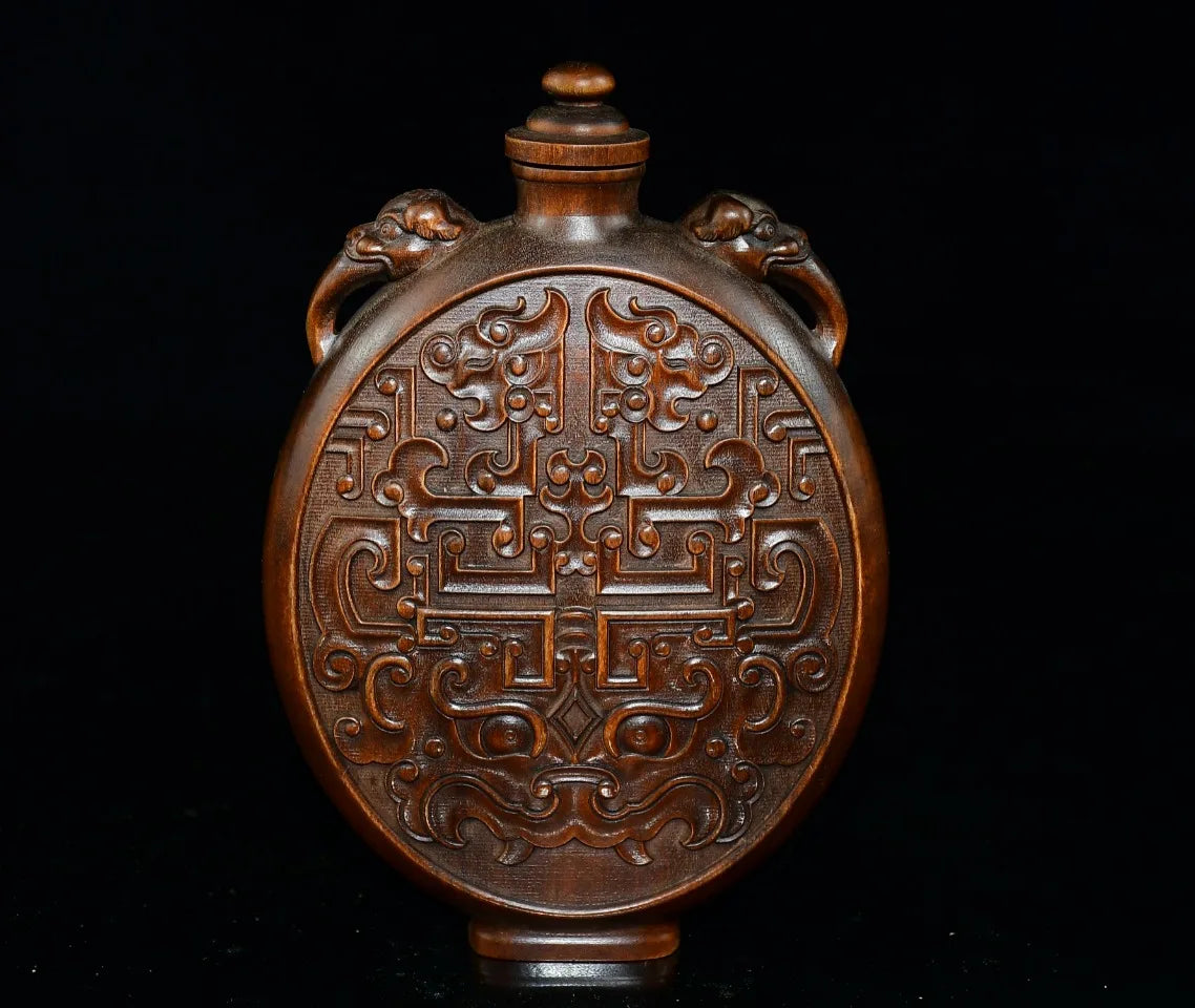 Tibetan Boxwood Flower Carved Snuff Bottle Dragon-Ear Vase