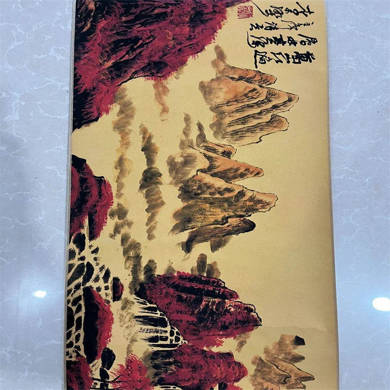 Chinese Red Mountains Long Scroll – Li Keran–Inspired Landscape on Old Scroll Paper