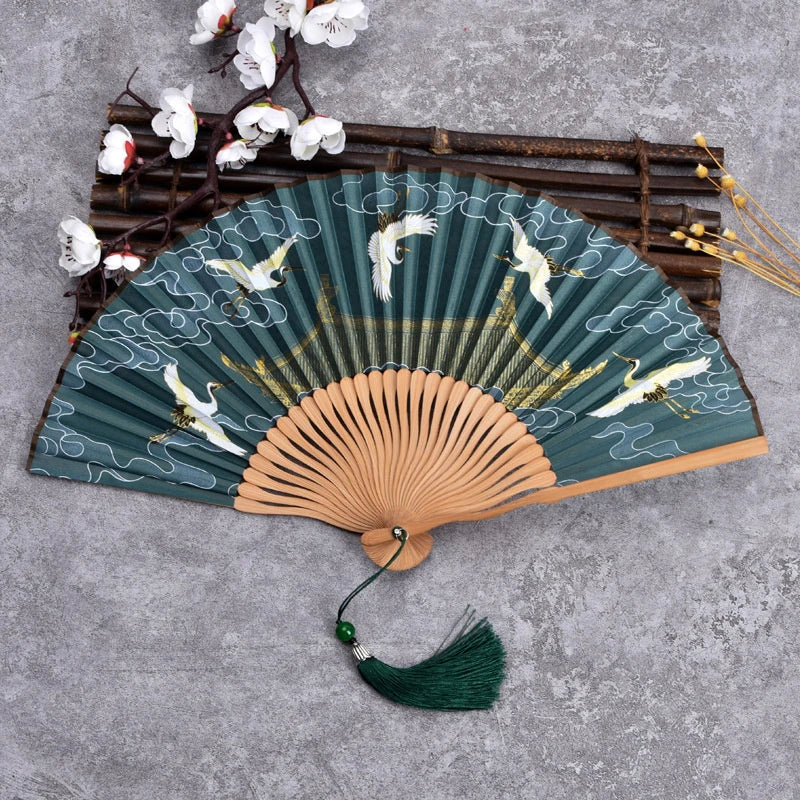 Vintage Bamboo & Silk Folding Hand Fan – Art Floral Design