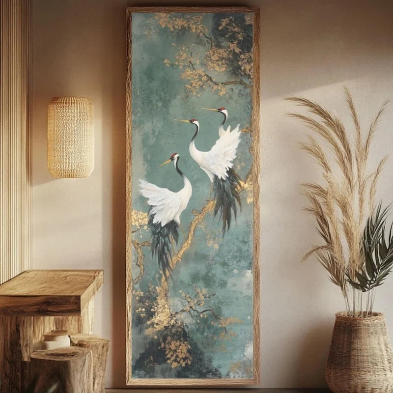Japanese Style Golden Crane Decorative Poster, Luxury Canvas Painting Vertical Frameless Mural for Entrance Hallway