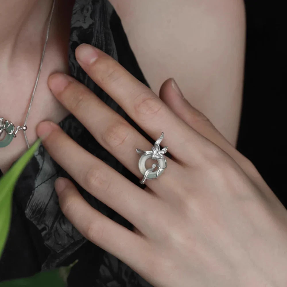 Sterling Silver Orchid Round Jade Adjustable Ring