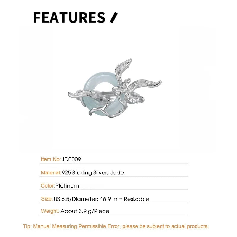 Sterling Silver Orchid Round Jade Adjustable Ring