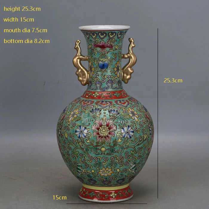 Qianlong‑Style Powder Enamel Vase – Hand‑Painted Flowers with Golden Handles